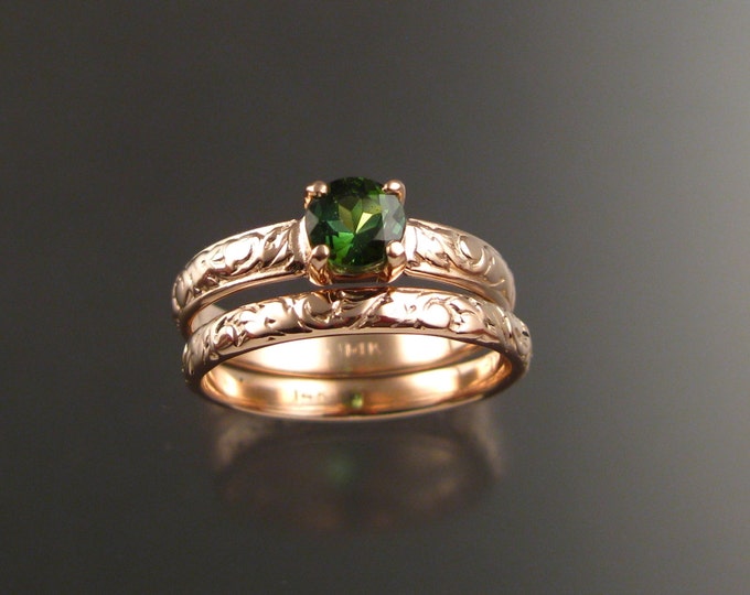 Green Tourmaline 14k Rose Gold Victorian floral pattern wedding ring Pink gold Emerald substitute engagement rings