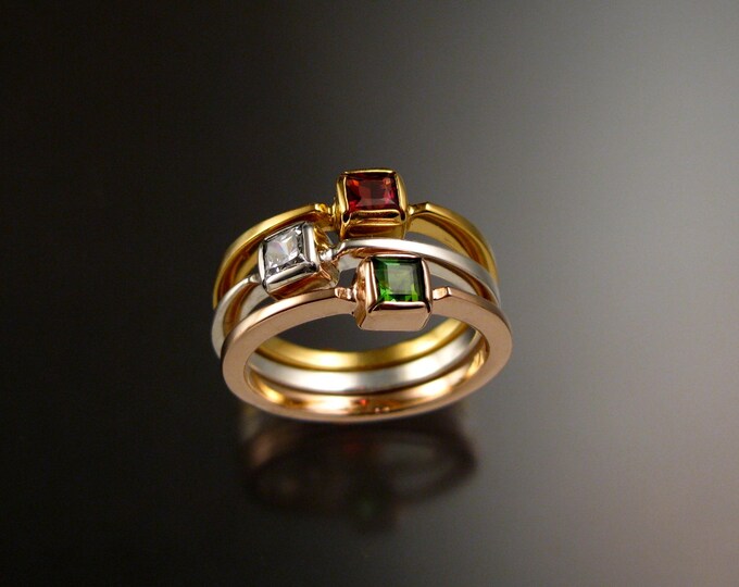 Stackable Mothers ring set of three 14k Yellow, White, and rose Gold premium square birthstone stacking rings Made to order in your size