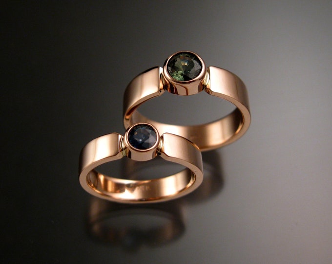 Sapphire Wedding Engagement two ring set 14k Rose Gold bezel set stones made to order in your sizes