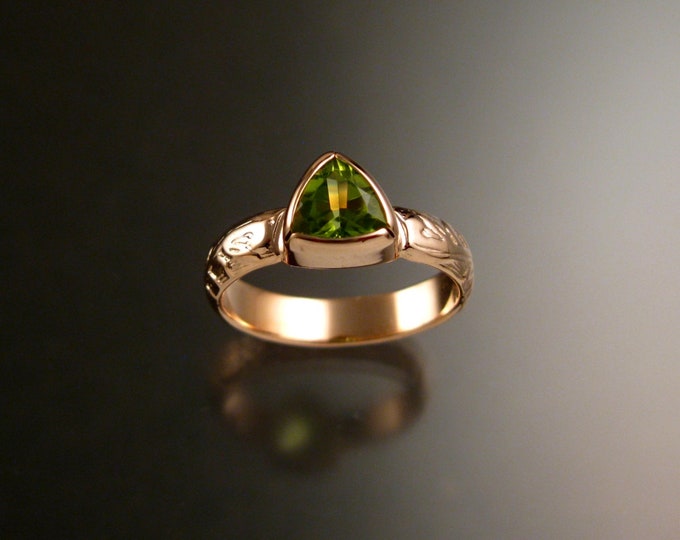 Peridot Triangle ring 14k Rose Gold Victorian bezel set stone ring made to order in your size