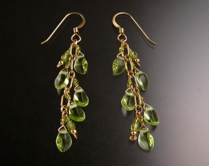 Czech Glass "Flames" Earrings Peridot colored Gold-Filled