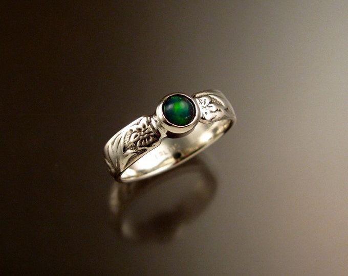 Opal Ring Sterling Silver Victorian flower and vine pattern band Handmade to order in your size