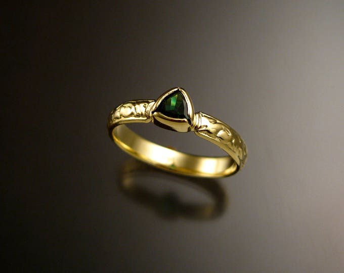Tsavorite Garnet triangle 14k Green Gold Victorian floral pattern wedding ring Emerald substitute engagement ring Made to order in your size