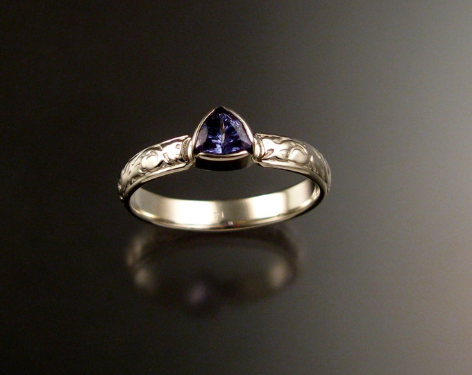 Tanzanite Triangle Wedding ring 14k White Gold Victorian bezel set stone ring made to order in your size