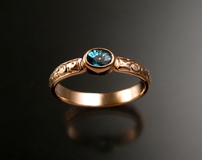 Blue Zircon ring 14k Rose Gold Blue Diamond substitute with bezel set stone made to order in your size