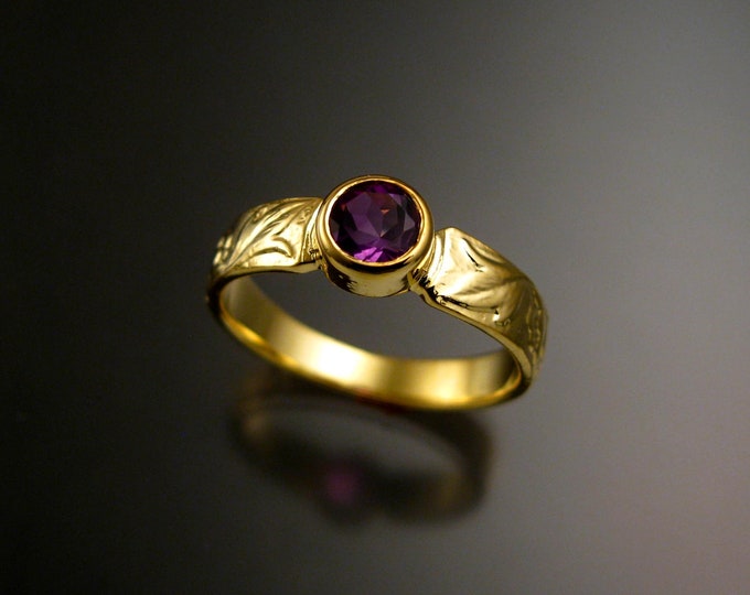 Amethyst 14k Green Gold Victorian flower and vine pattern bezel set ring made to order in your size