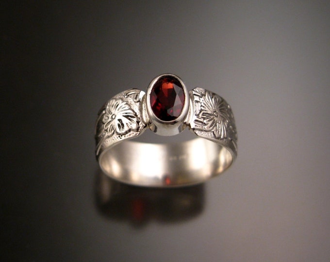 Garnet Raspberry red 5x7mm Oval Sterling Silver Bezel set stone ring with Wide Victorian floral pattern band made to order in your size