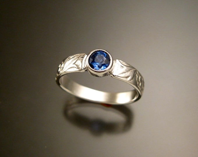 Kyanite Sterling Silver Victorian flower and vine pattern bezel set Sapphire substitute ring made to order in your size