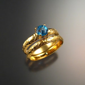 Blue Topaz Wedding set 14k Yellow Gold ring made to order in your size 画像 1