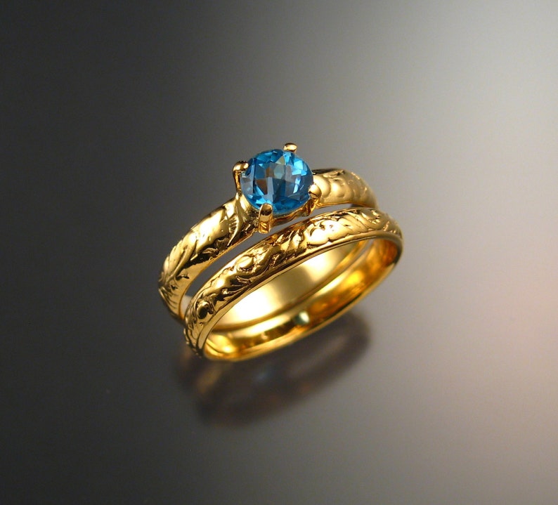 Blue Topaz Wedding set 14k Yellow Gold ring made to order in your size 画像 1