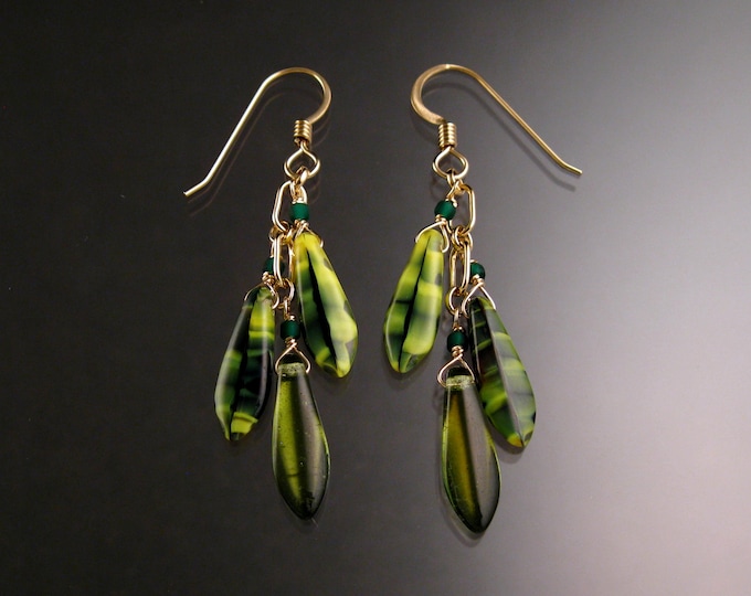 Czech Glass "Dagger " and 14k Gold-filled Earrings Malachite and Jade green colors