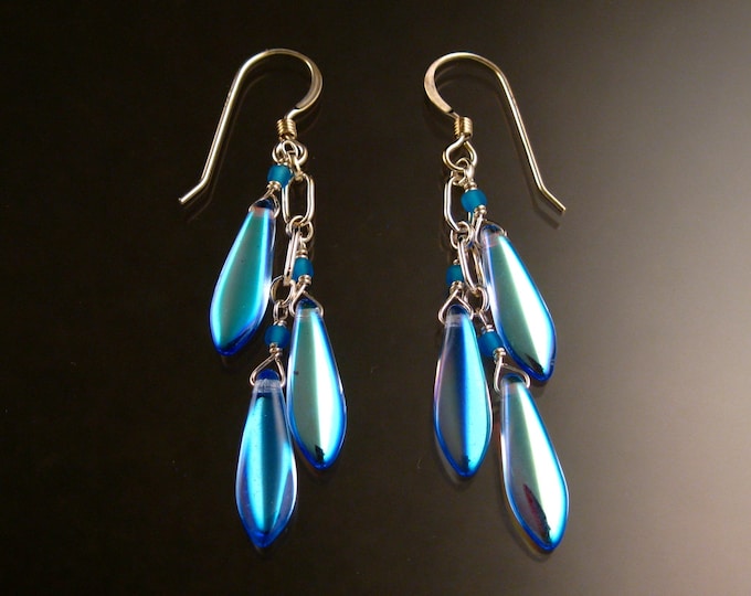 Czech Glass "Dagger " Earrings Iridescent Powder-blue Sterling Silver