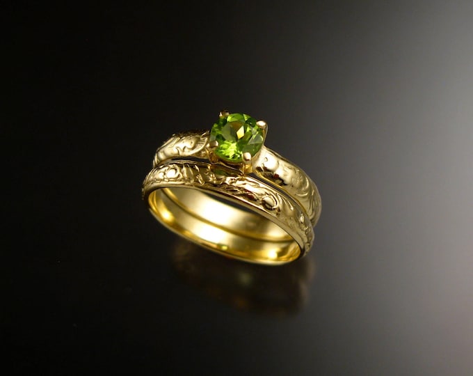 Peridot Wedding ring 14k Green Gold Victorian Floral pattern Engagement ring and matching band set made to order in your size
