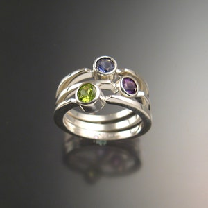 Stackable Mothers ring set of Three rings Made to order in Sterling Silver natural Birthstone rings