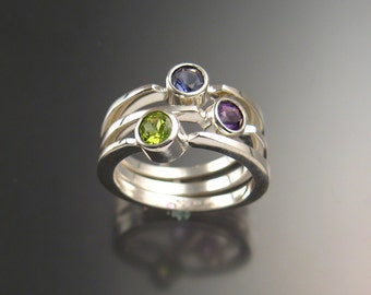 Stackable Mothers ring set of Three rings Made to order in Sterling Silver natural Birthstone rings