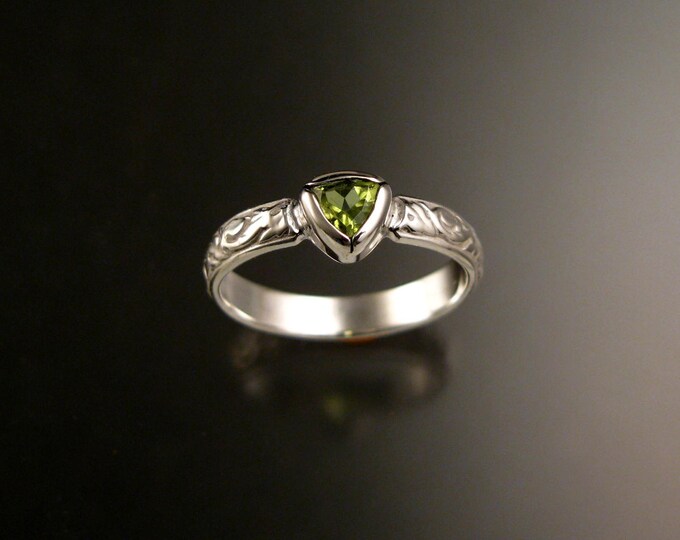 Peridot Triangle Wedding ring Sterling Silver Victorian bezel set stone ring made to order in your size