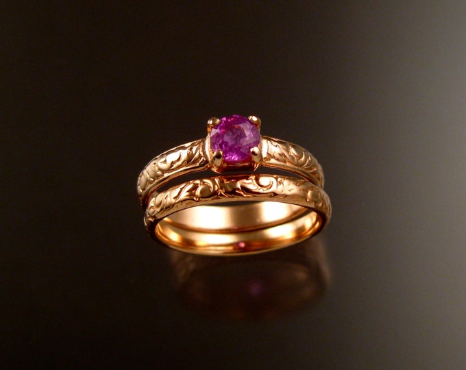 Pink Sapphire 14k rose gold Natural stone pink diamond substitute Victorian Wedding set made to order in your size