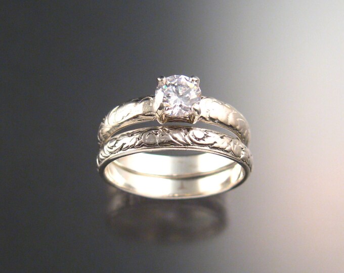White Zircon Wedding set Sterling Silver Diamond substitute Victorian floral pattern two ring set made to order in your size