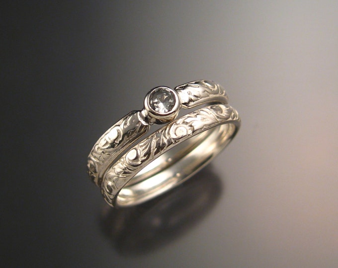 White Sapphire Wedding set sterling silver Victorian bezel set two ring set made to order in your size