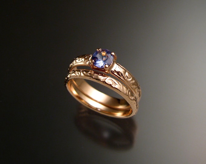 Tanzanite 14k Rose Gold Victorian floral pattern wedding ring set engagement two ring set Made to order in your size