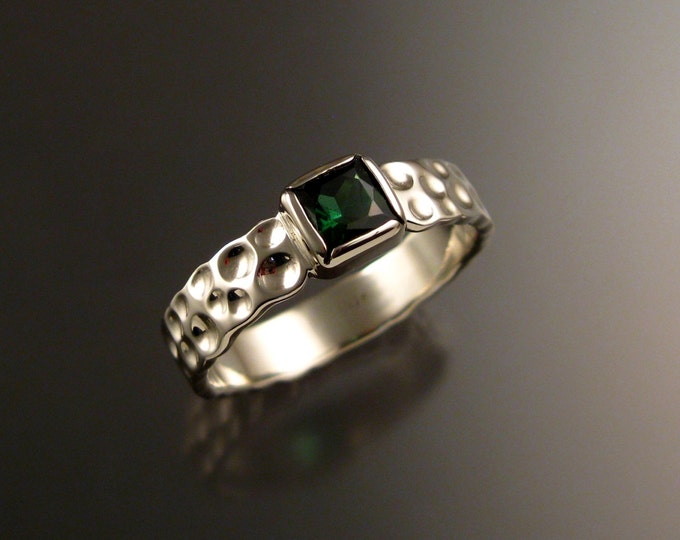 Green Tourmaline square 14k white gold Moonscape ring Emerald substitute ring size 11 1/4