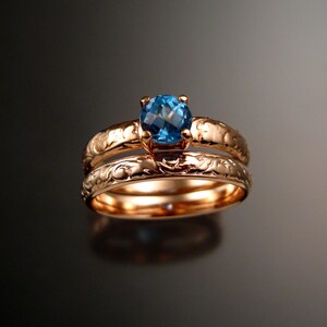 Blue Topaz Wedding set 14k rose Gold ring made to order in your size pink gold two ring engagement set