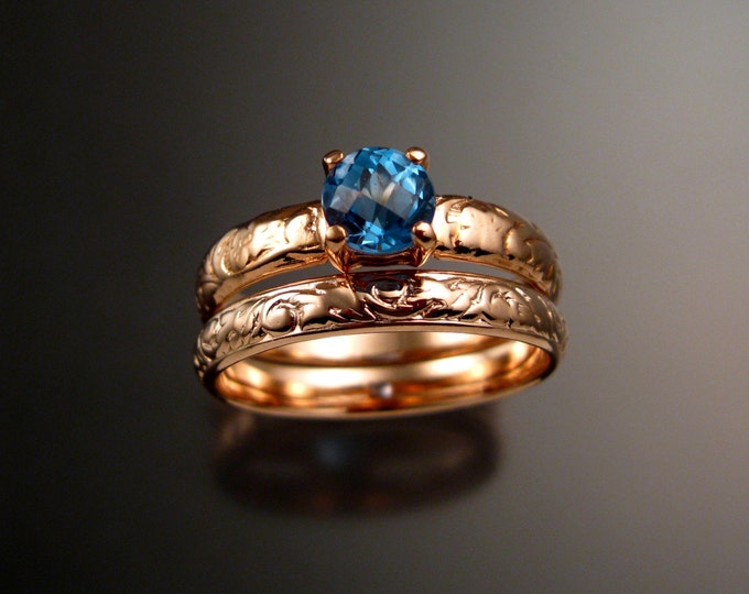 Blue Topaz Wedding set 14k rose Gold ring made to order in your size pink gold two ring engagement set