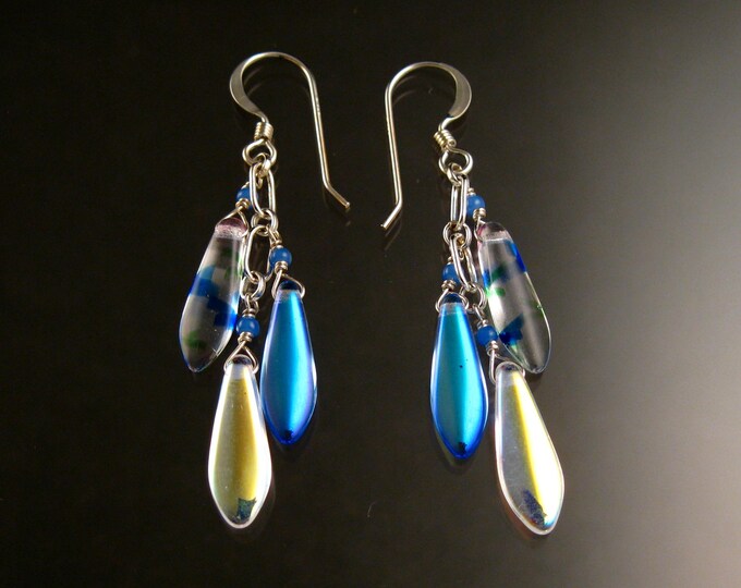 Czech Glass "Dagger " Earrings Iridescent blue/white Sterling Silver