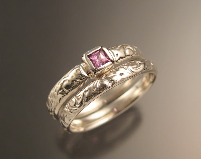 Pink Sapphire Wedding set White Gold Victorian Pink Diamond substitute Natural square cut stone ring made to order in your size