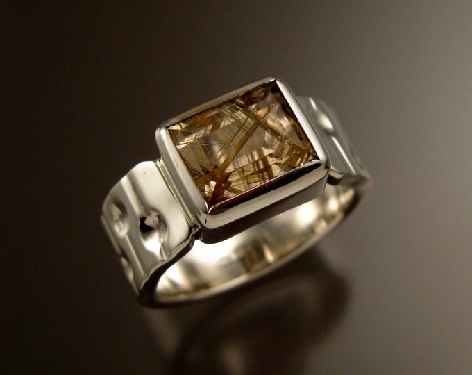 Rutilated Quartz Sterling Silver Bars and craters band large rectangular stone ring size 9 1/2