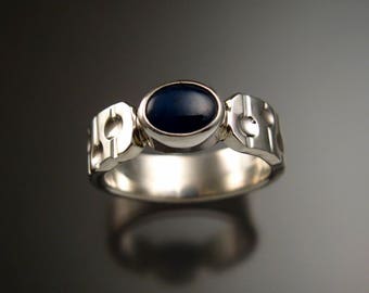 Star Sapphire ring Natural blue star Sapphire Sterling Silver ring Made to order in your size "Bars and Craters" band