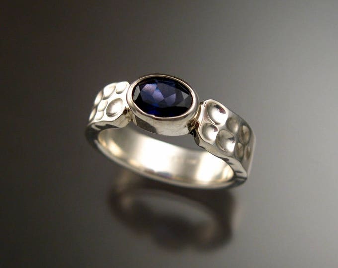 Iolite Deep blue Sapphire substitute sturdy bezel set stone ring Sterling Silver Handmade Moonscape band size 6
