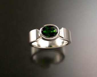 Chrome Diopside Sterling Silver rectangular band ring with bezel set east west stone Emerald substitute ring handmade to order in your size