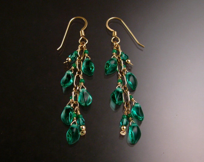 Czech Glass "Flames" Earrings Emerald colored Gold-Filled