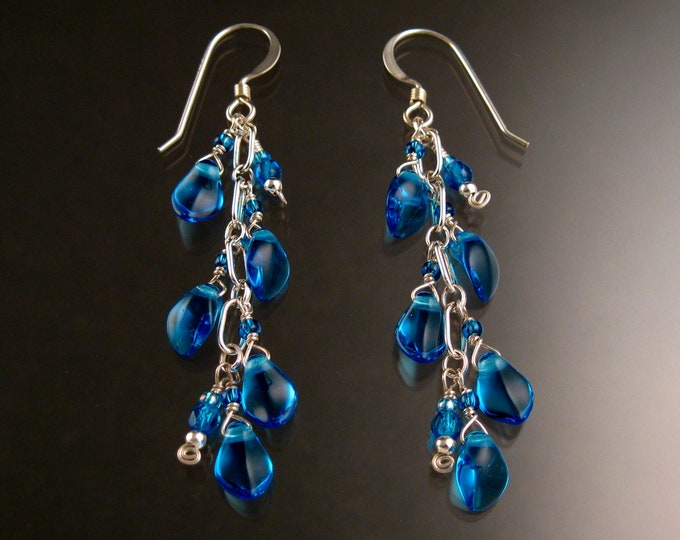 Czech Glass "Flames" Earrings blue Topaz colored Sterling Silver