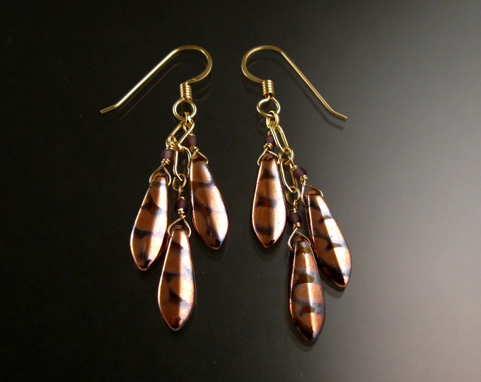 Czech Glass "Dagger " and 14k Gold-filled Earrings Wavy pattern Rose/Copper colors