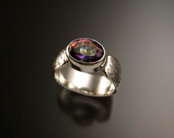 Mystic Topaz Sterling Silver handmade wide Victorian floral pattern band ring east west bezel set stone ring size 7