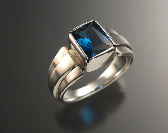 London Blue Topaz ring Large rectangle 9 x 11 mm stone deep blue Sterling silver Sapphire substitute mans ring Made to order in your size