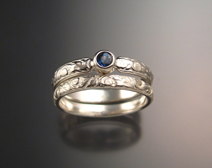 Sapphire Wedding set sterling silver Victorian bezel set two ring set made to order in your size