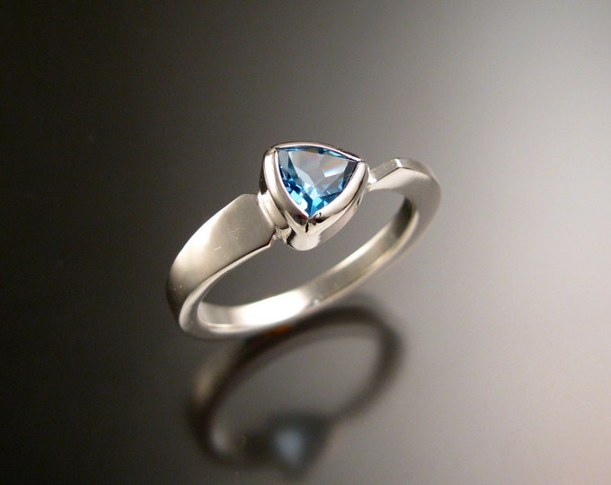 Blue Topaz triangle ring 14k white Gold bezel set Stone Asymmetrical setting made to order in your Size