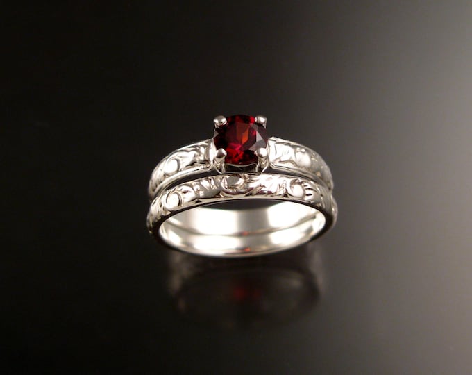 Garnet Victorian Wedding set 14k White Gold Ruby substitute two ring set made to order in your size