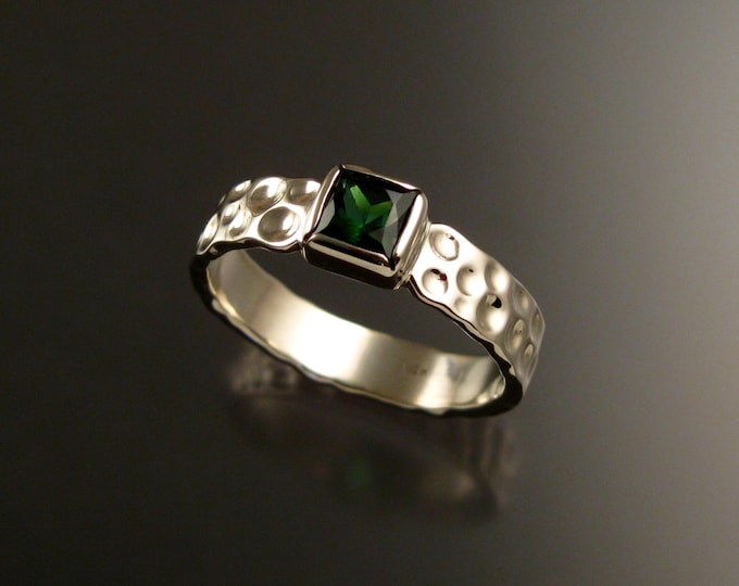 Green Tourmaline square 14k white gold Moonscape ring Emerald substitute ring handcrafted in your size