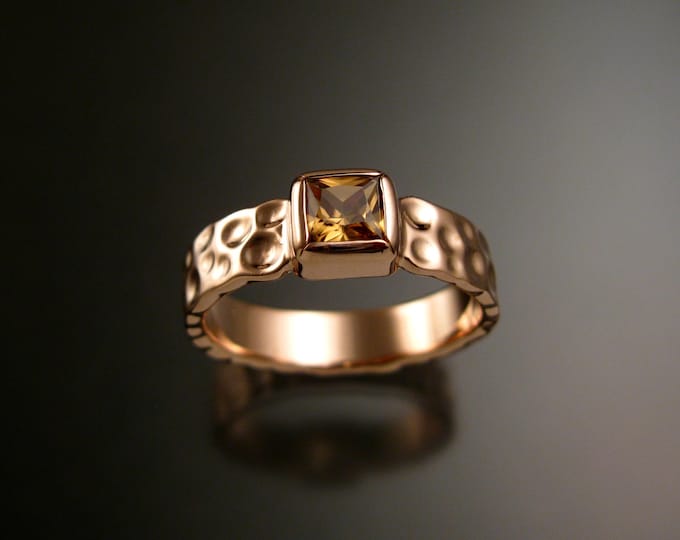Honey Zircon 5mm square Moonscape ring handcrafted in 14k Rose Gold ring made to order in your size