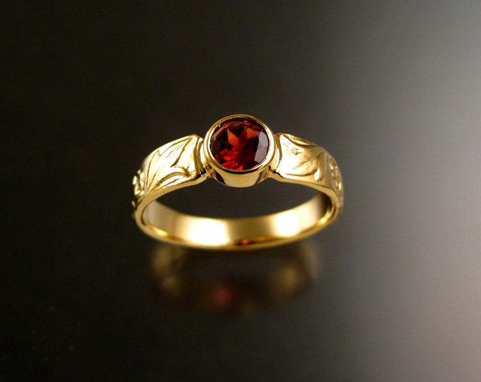 Garnet 14k Gold Victorian flower and vine pattern bezel set ring made to order in your size