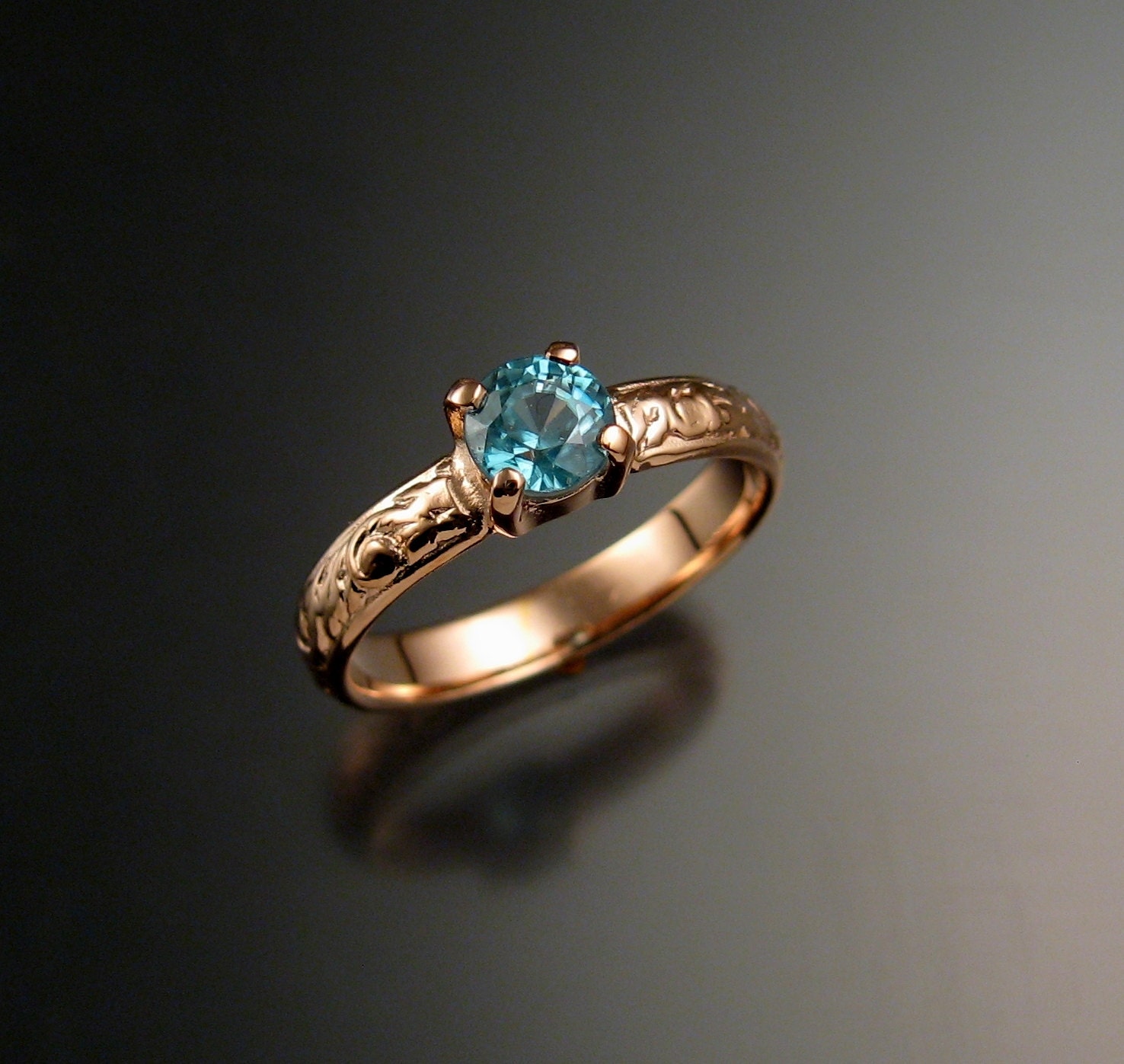 Blue Zircon Wedding Ring 14k Rose Gold Blue Diamond Substitute