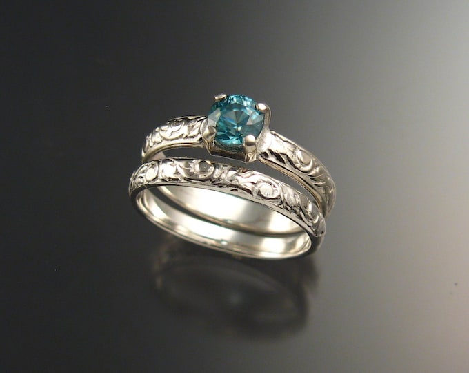 Blue Zircon Wedding set sterling silver blue Diamond substitute Victorian floral pattern two ring set made to order in your size