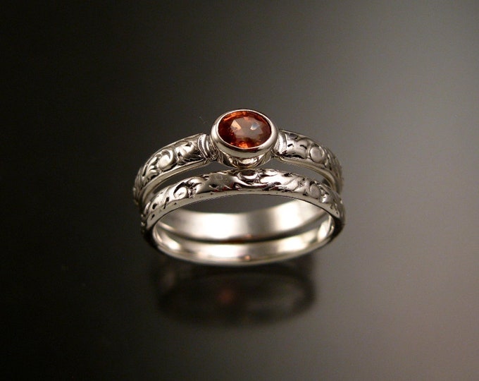 Padparadscha Sapphire two ring wedding set 14k White Gold natural Orange Sapphire with bezel set stone made to order in your size