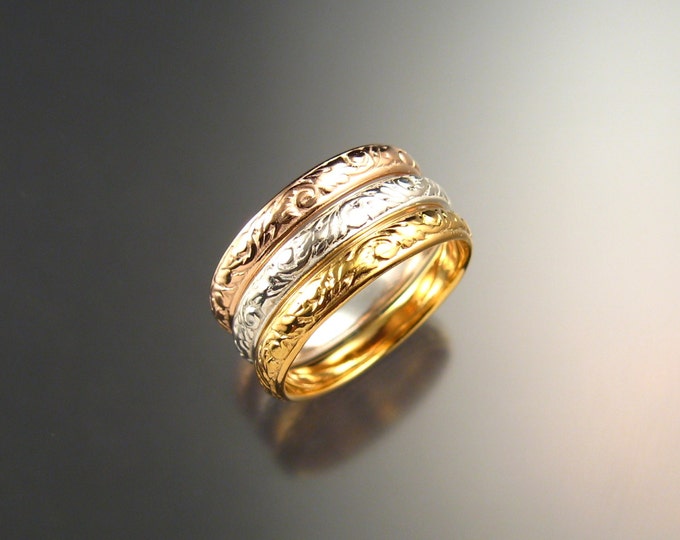 Stackable 14k Gold 3.25mm x 1mm Floral pattern band tri color ring set made to order in your size Victorian three band stacking rings
