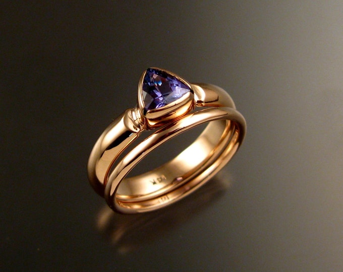 Tanzanite Triangle Wedding set handcrafted in 14k rose gold two ring set made to order in your size