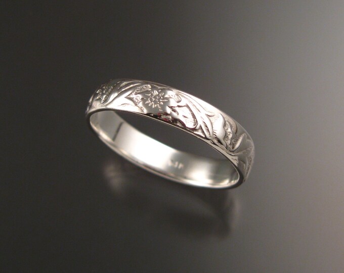 14k White Gold 4.7mm flower and vine pattern Band wedding ring made to order in your large size Victorian wedding band